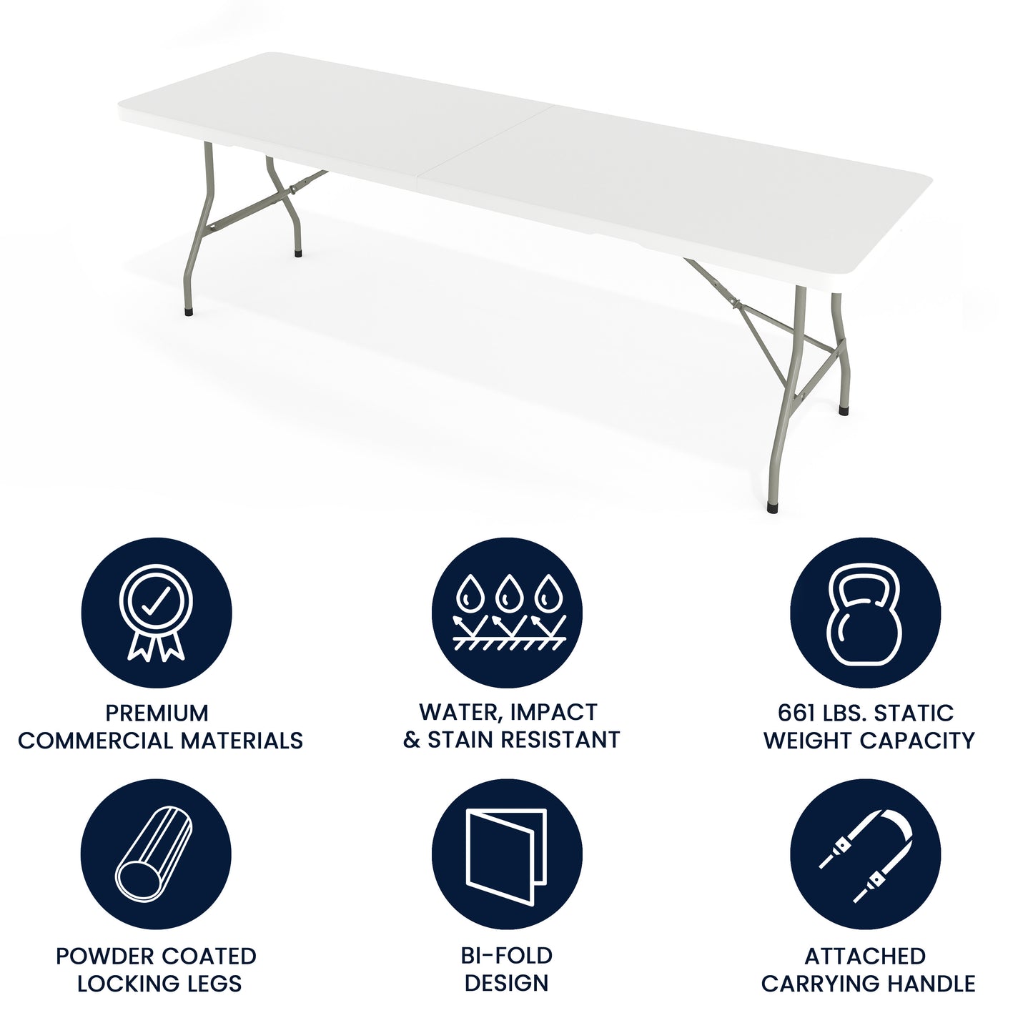 Kathryn 8-Foot Bi-Fold Granite White Plastic Banquet and Event Folding Table with Carrying Handle Granite White RB-3096FH-GG