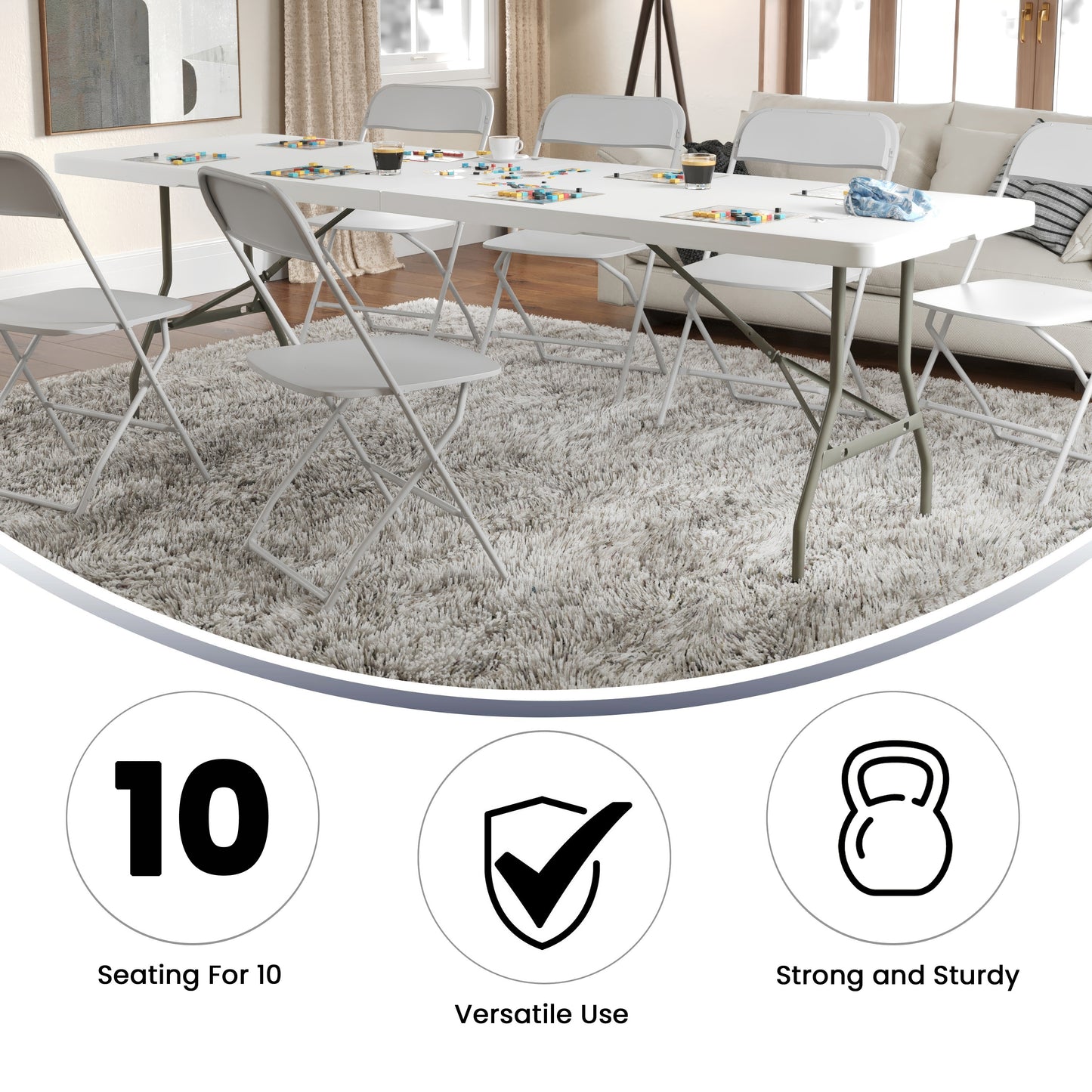 Kathryn 8-Foot Bi-Fold Granite White Plastic Banquet and Event Folding Table with Carrying Handle Granite White RB-3096FH-GG