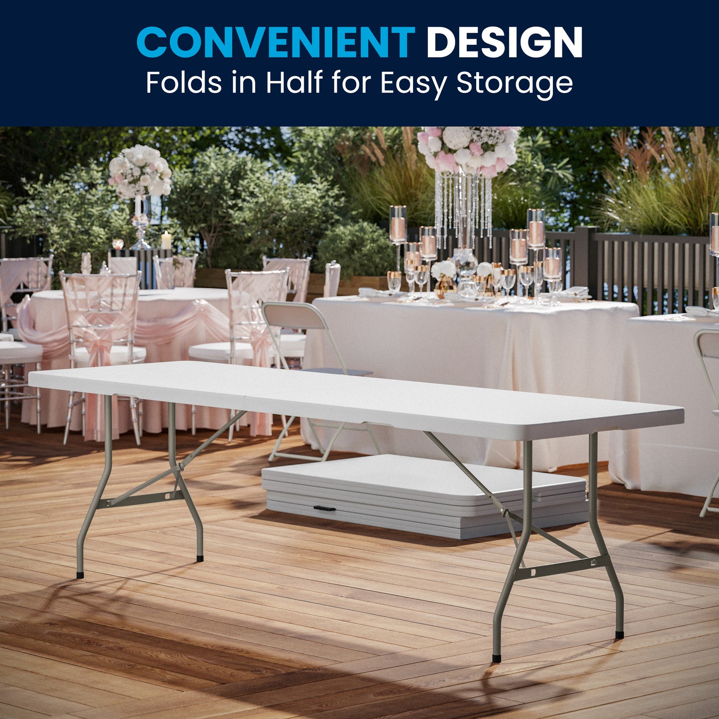 Kathryn 8-Foot Bi-Fold Granite White Plastic Banquet and Event Folding Table with Carrying Handle Granite White RB-3096FH-GG