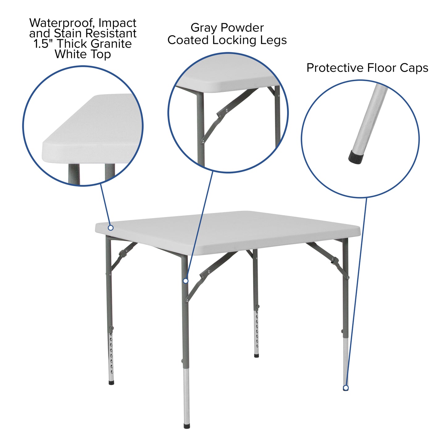 Kathryn 2.79-Foot Square Height Adjustable Granite White Plastic Folding Table Granite White