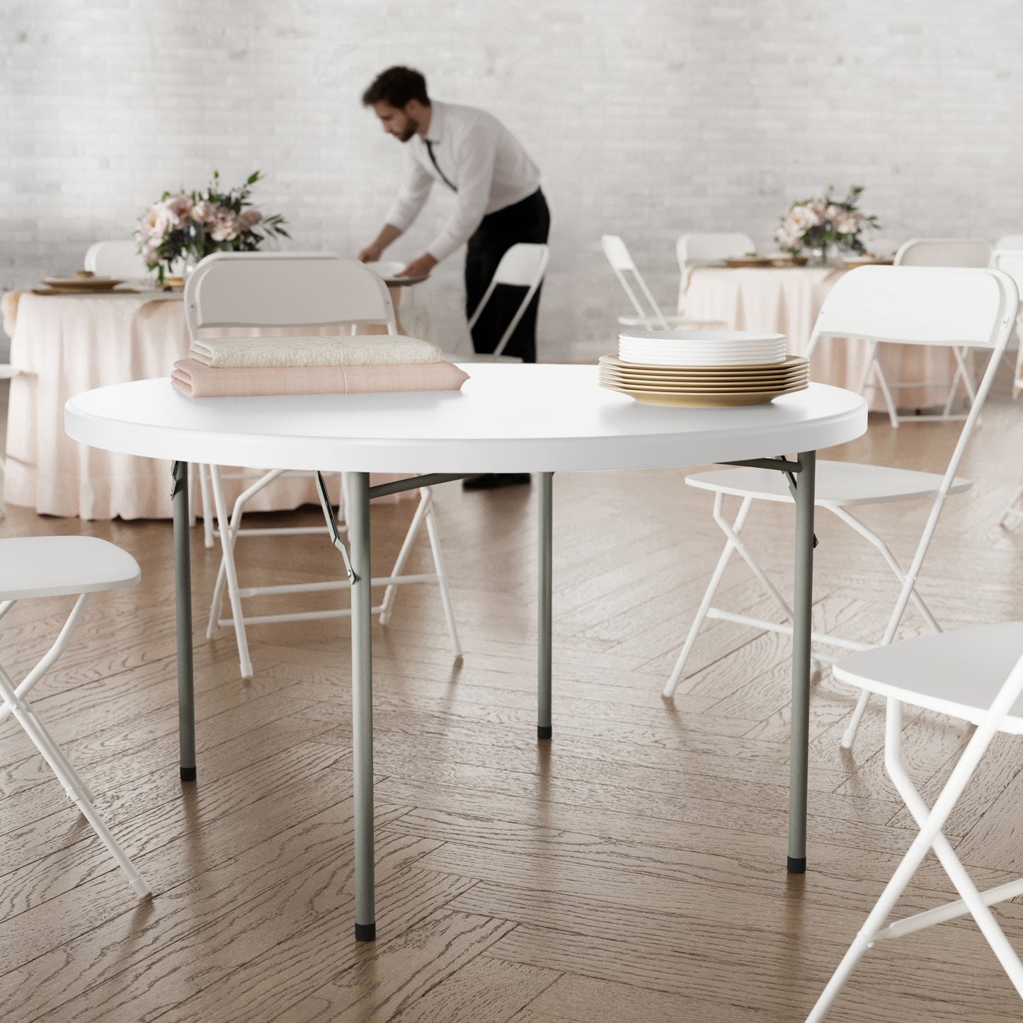 Kathryn 4-Foot Round Granite White Plastic Folding Table Granite White RB-48R-GG