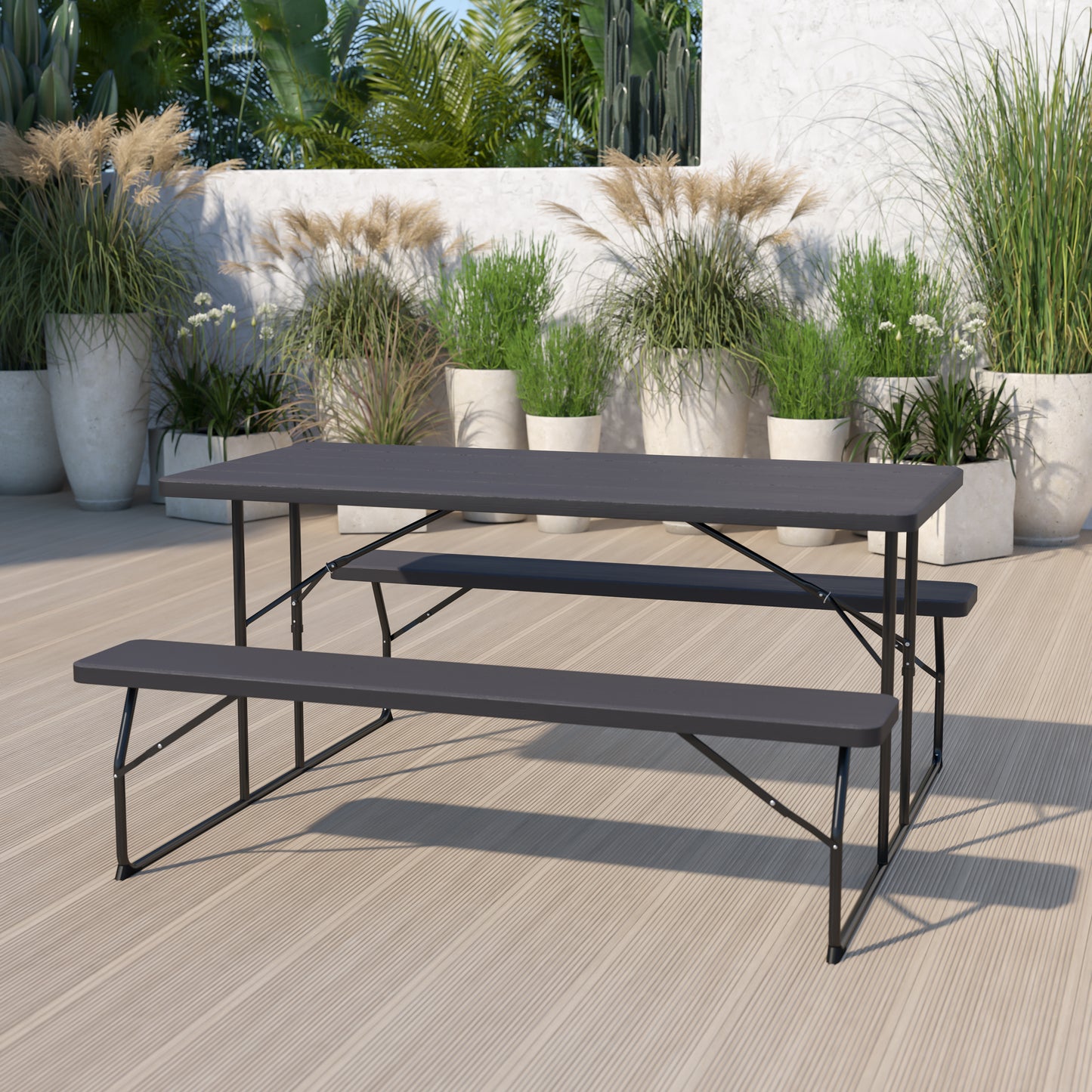 Insta-Fold Charcoal Wood Grain Folding Picnic Table and Benches - 4.5 Foot Folding Table Charcoal