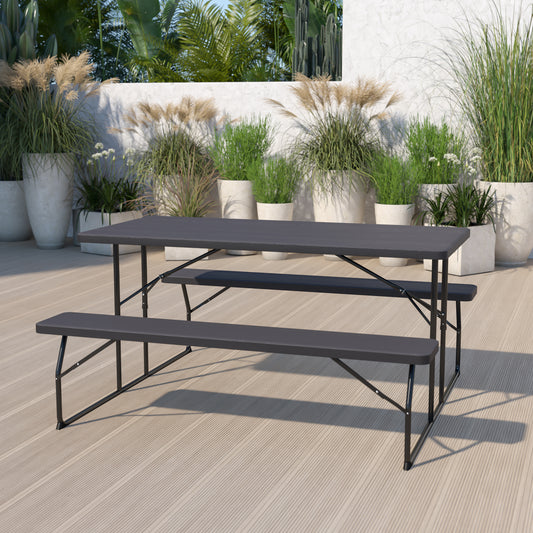 Insta-Fold Charcoal Wood Grain Folding Picnic Table and Benches - 4.5 Foot Folding Table Charcoal