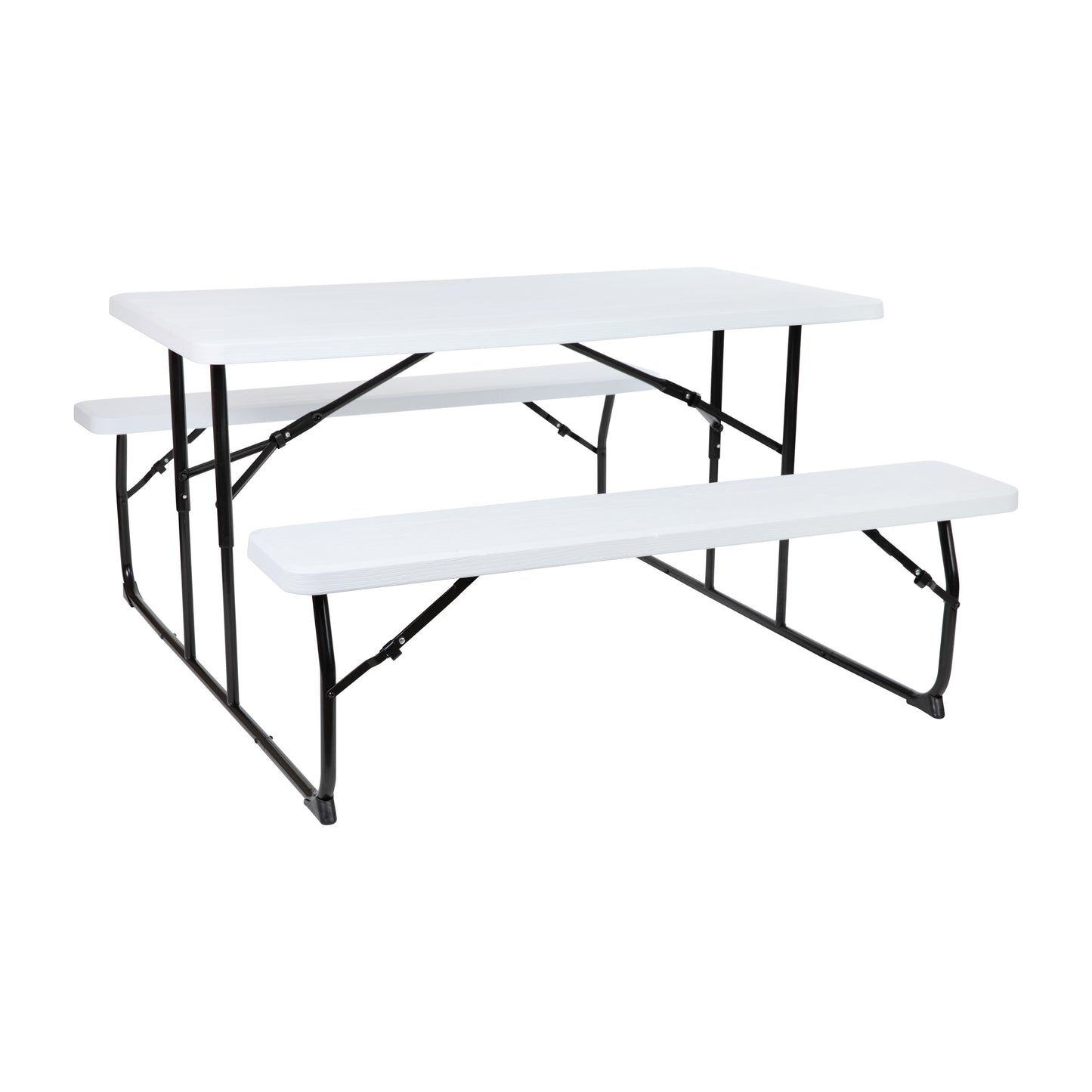 Insta-Fold White Wood Grain Folding Picnic Table and Benches - 4.5 Foot Folding Table White