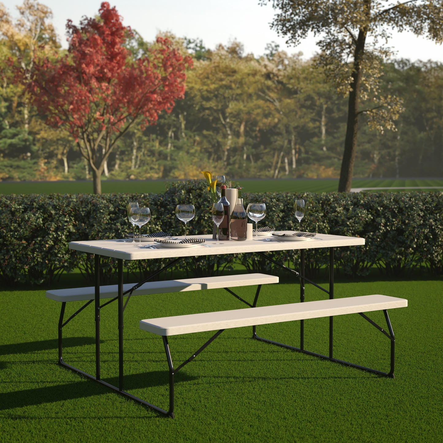 Insta-Fold White Wood Grain Folding Picnic Table and Benches - 4.5 Foot Folding Table White