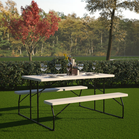 Insta-Fold White Wood Grain Folding Picnic Table and Benches - 4.5 Foot Folding Table White