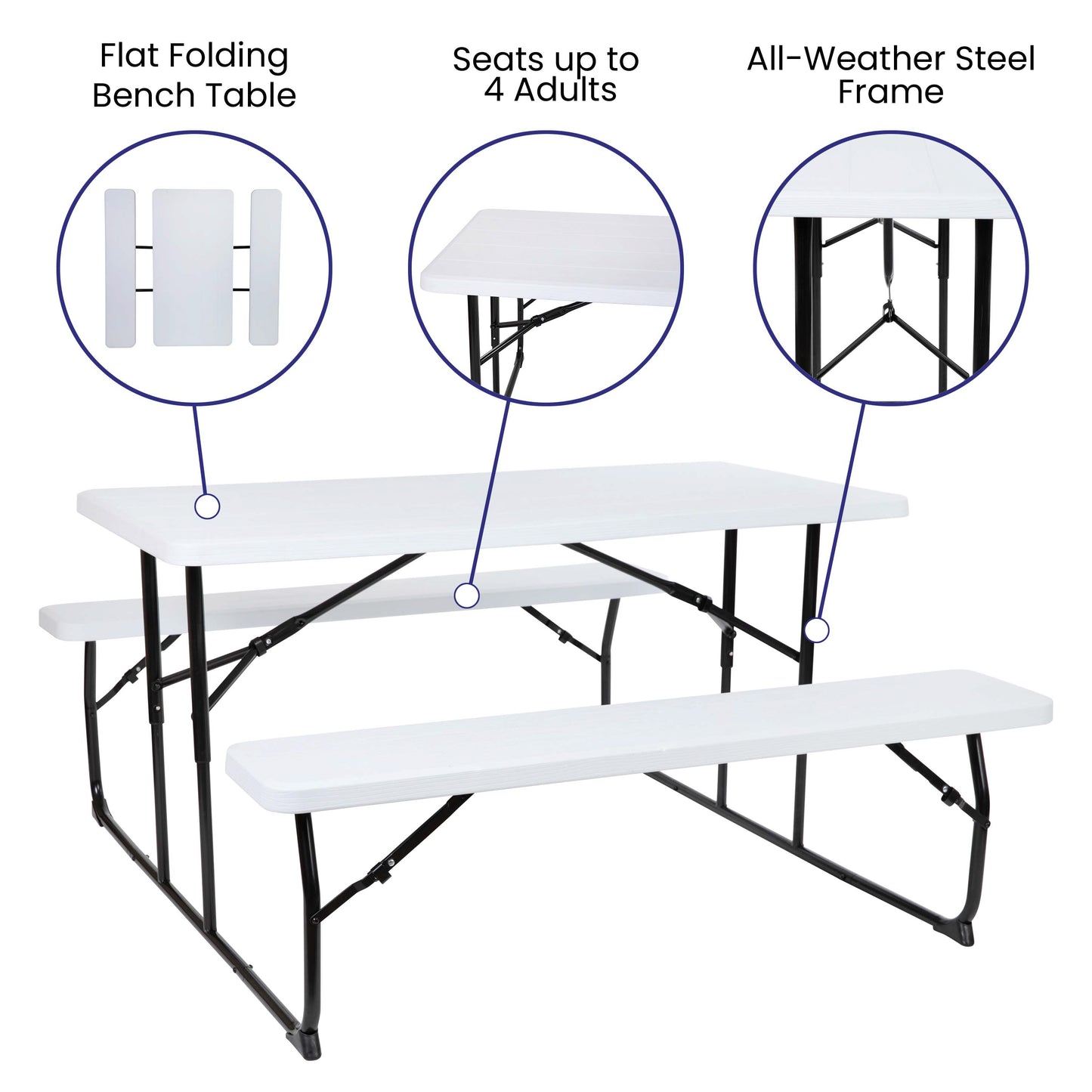 Insta-Fold White Wood Grain Folding Picnic Table and Benches - 4.5 Foot Folding Table White