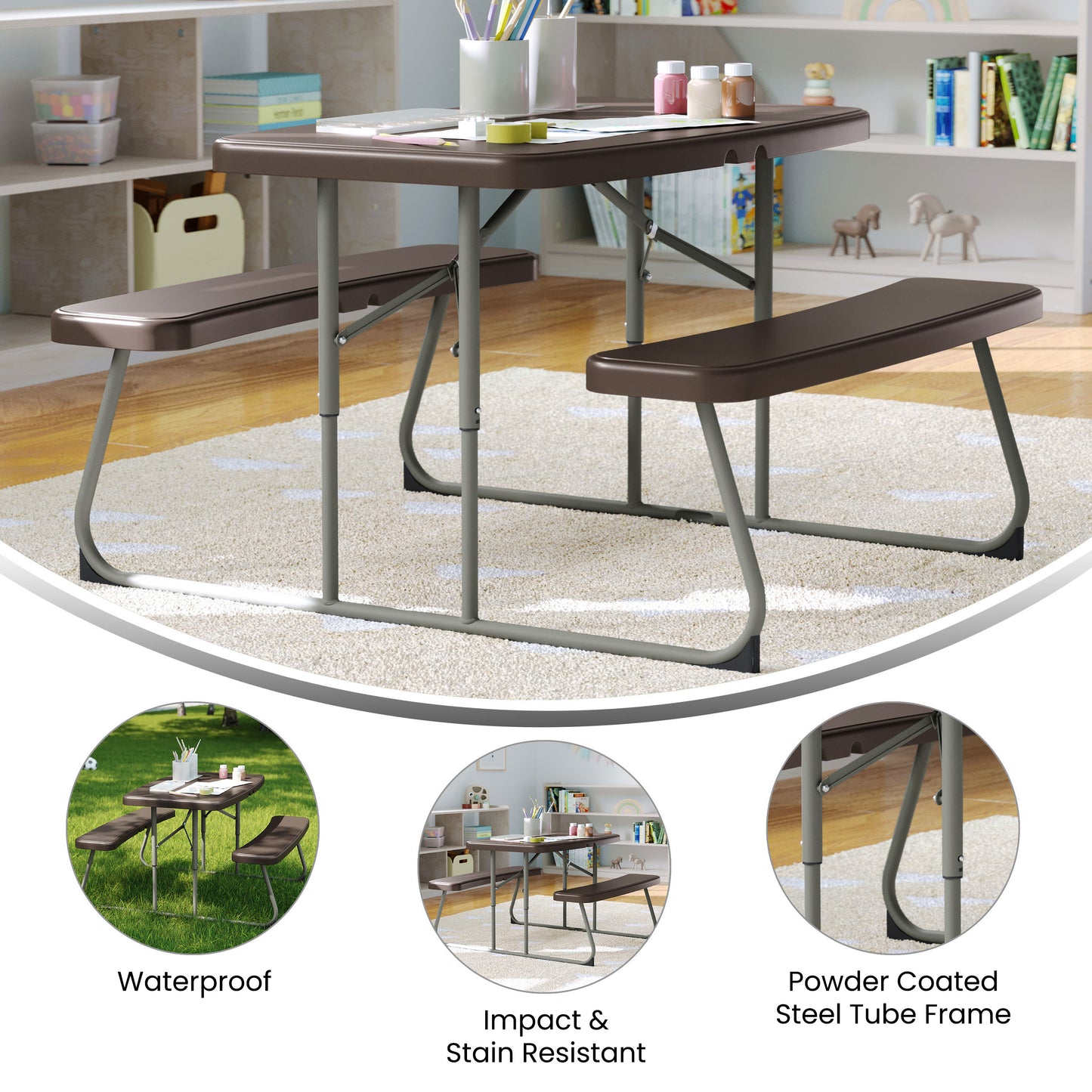 Paige Easy-Fold Brown Folding Plastic Kids Outdoor Picnic Table and Benches - Commercial Grade - Seating for 4 Kids Brown