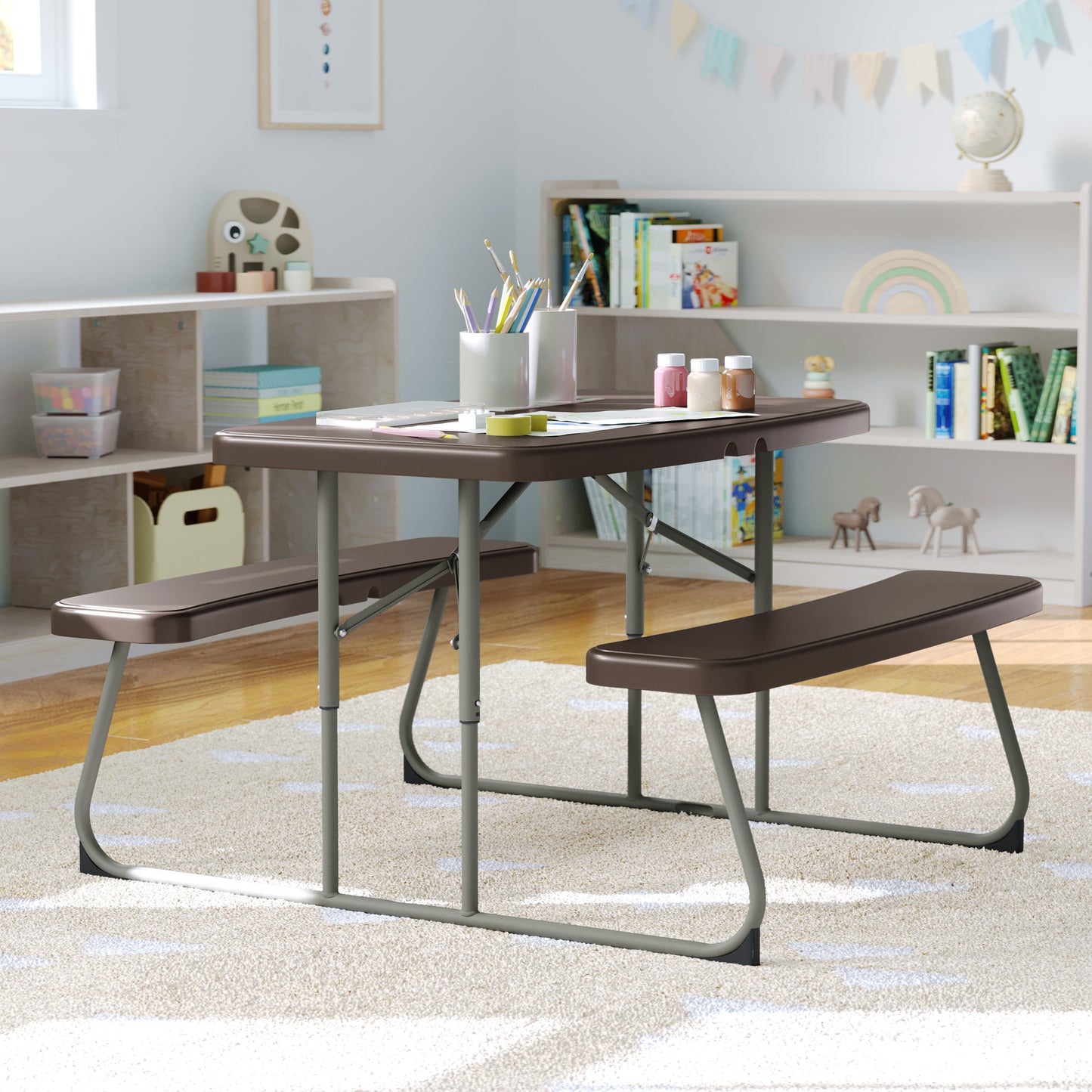 Paige Easy-Fold Brown Folding Plastic Kids Outdoor Picnic Table and Benches - Commercial Grade - Seating for 4 Kids Brown