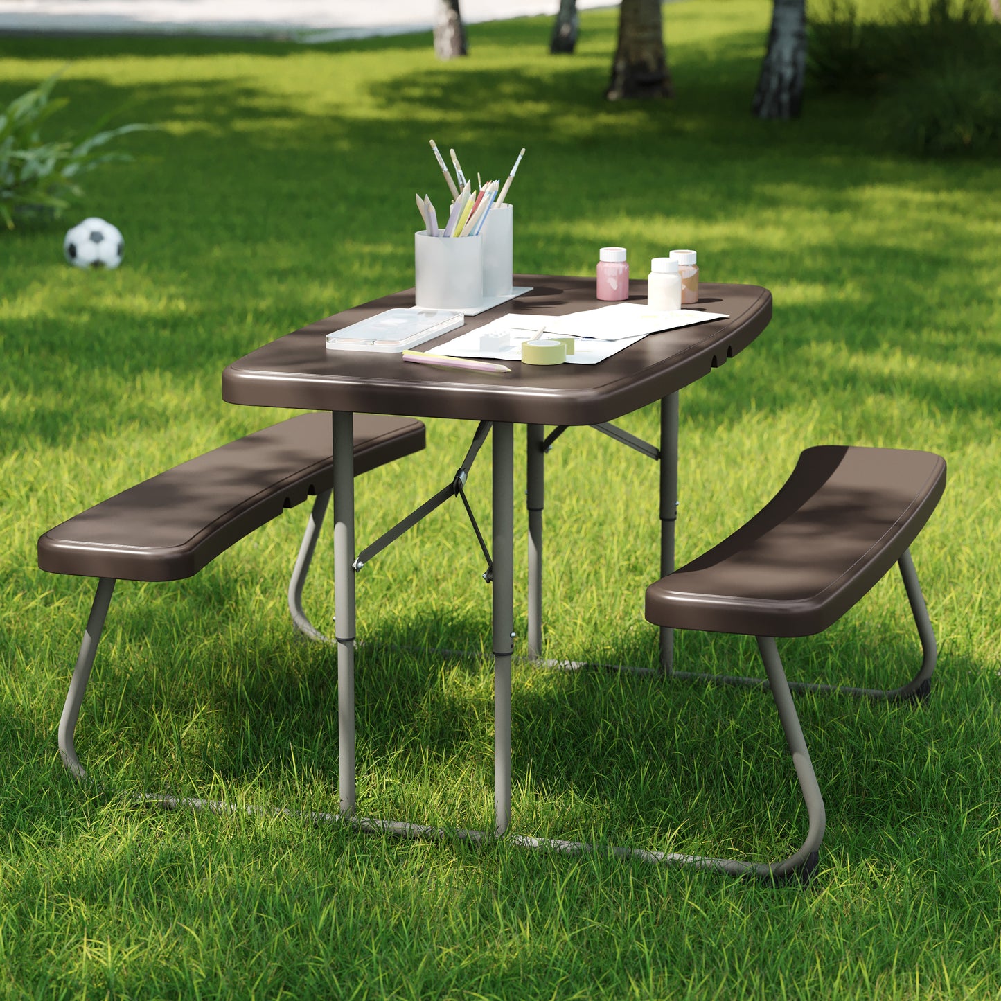 Paige Easy-Fold Brown Folding Plastic Kids Outdoor Picnic Table and Benches - Commercial Grade - Seating for 4 Kids Brown