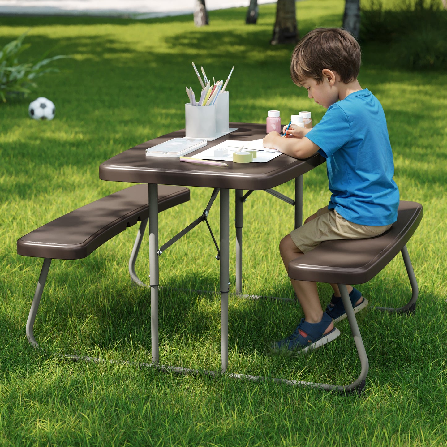 Paige Easy-Fold Brown Folding Plastic Kids Outdoor Picnic Table and Benches - Commercial Grade - Seating for 4 Kids Brown