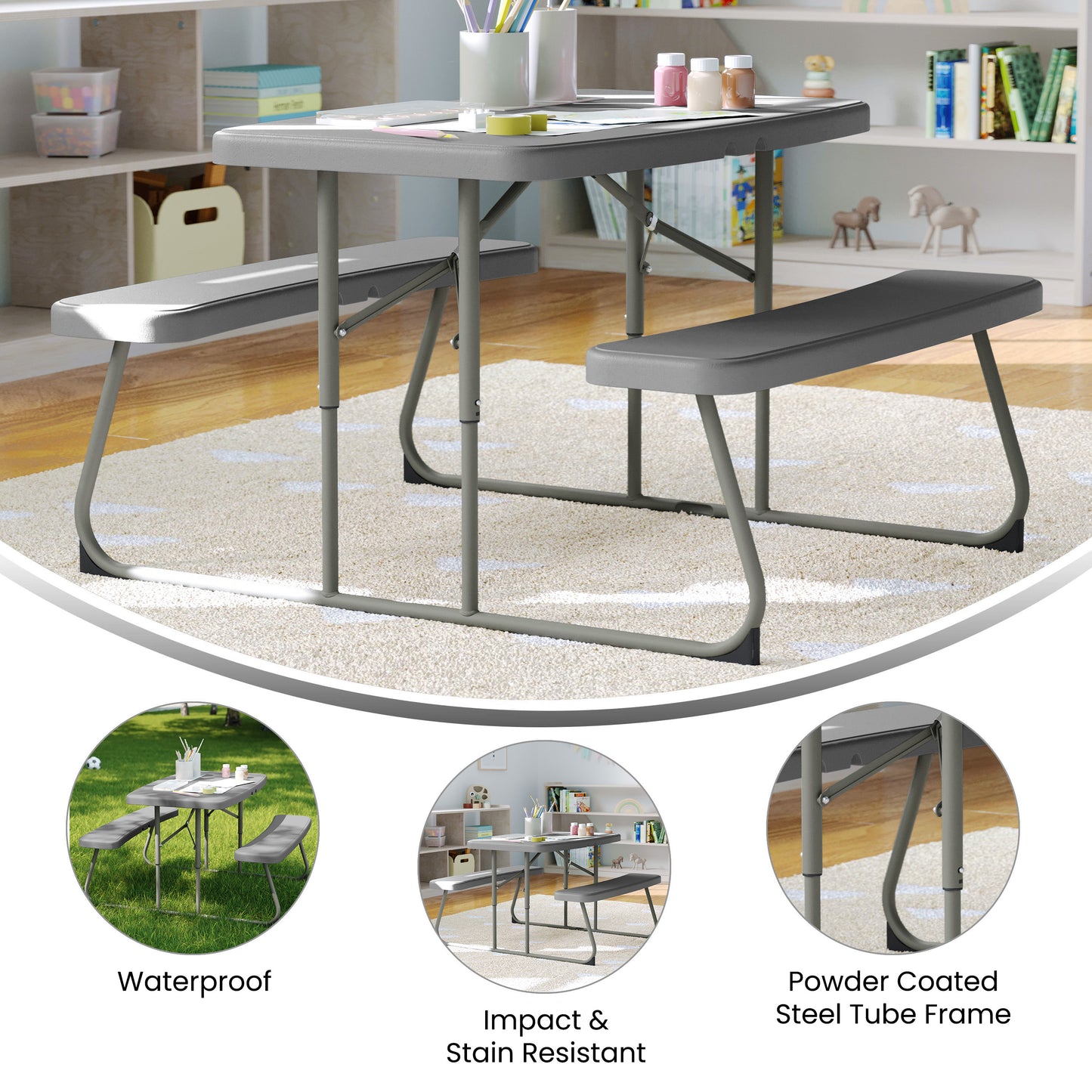 Paige Easy-Fold Gray Folding Plastic Kids Outdoor Picnic Table and Benches - Commercial Grade - Seating for 4 Kids Gray