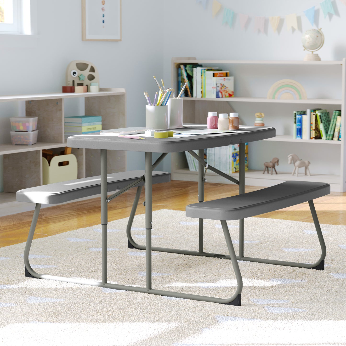 Paige Easy-Fold Gray Folding Plastic Kids Outdoor Picnic Table and Benches - Commercial Grade - Seating for 4 Kids Gray