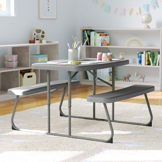 Paige Easy-Fold Gray Folding Plastic Kids Outdoor Picnic Table and Benches - Commercial Grade - Seating for 4 Kids Gray