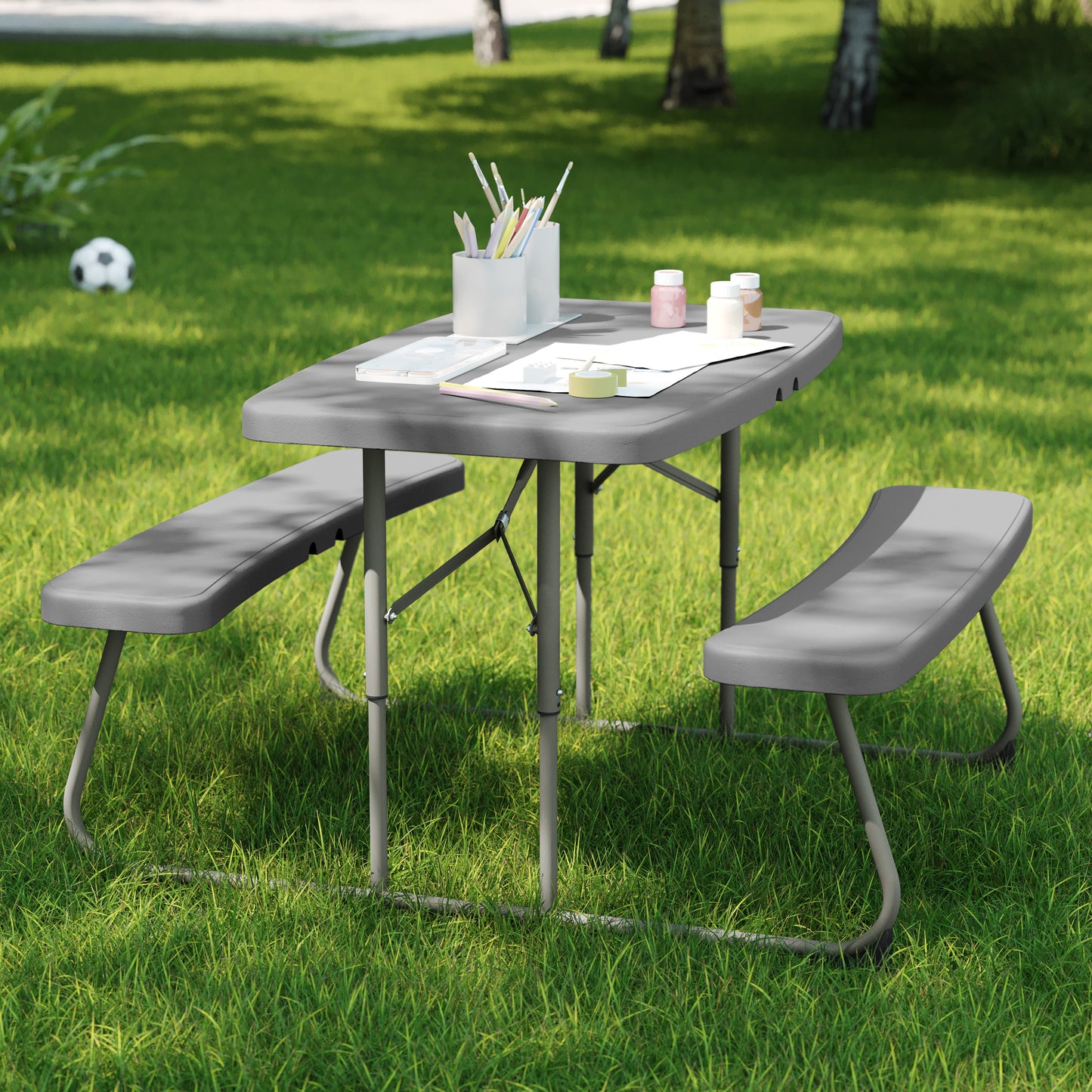 Paige Easy-Fold Gray Folding Plastic Kids Outdoor Picnic Table and Benches - Commercial Grade - Seating for 4 Kids Gray