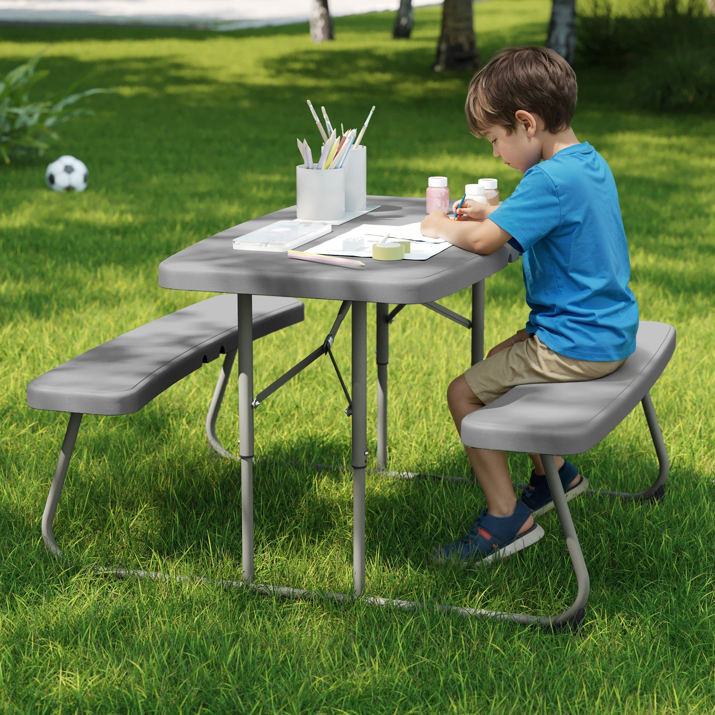Paige Easy-Fold Gray Folding Plastic Kids Outdoor Picnic Table and Benches - Commercial Grade - Seating for 4 Kids Gray