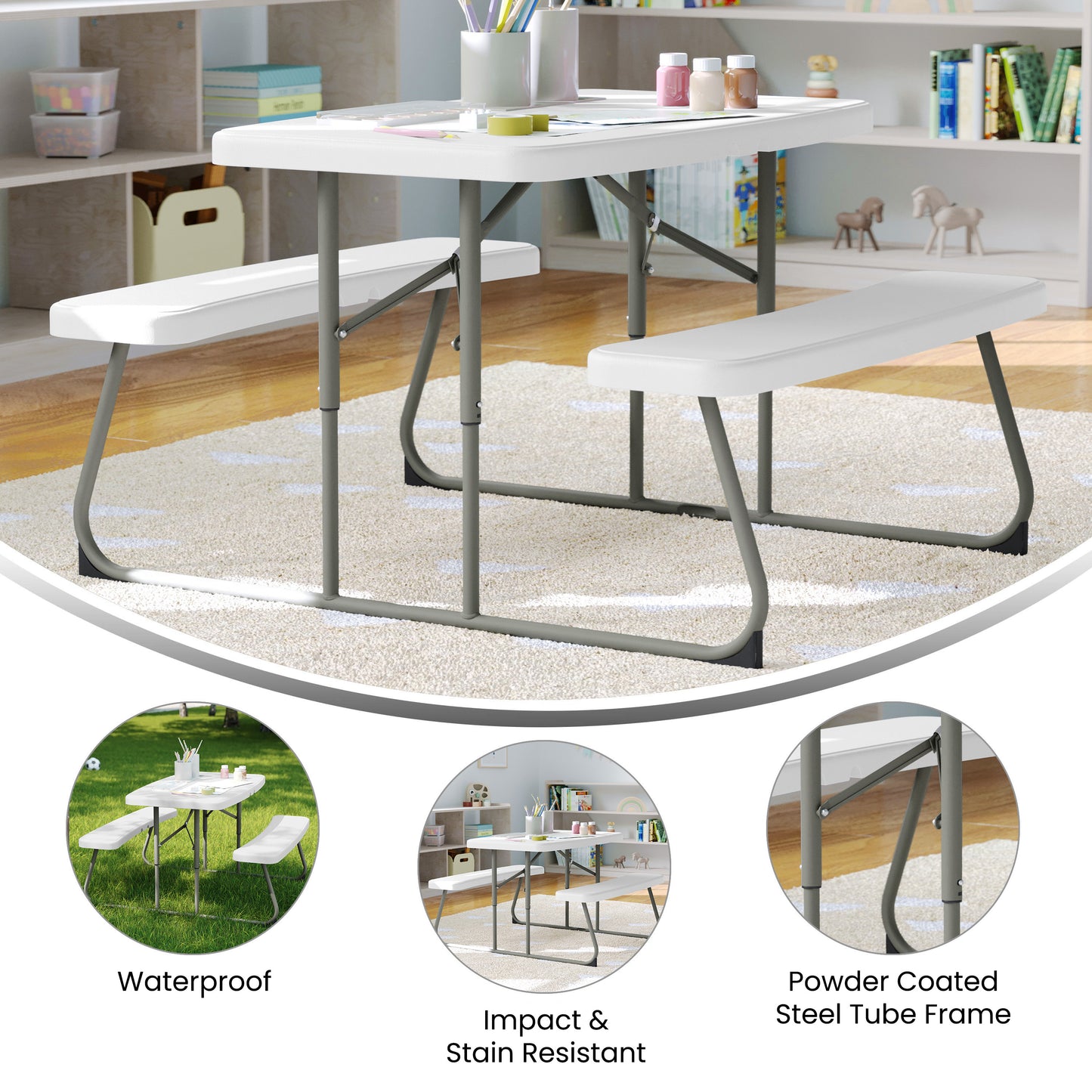Paige Easy-Fold White Folding Plastic Kids Outdoor Picnic Table and Benches - Commercial Grade - Seating for 4 Kids White