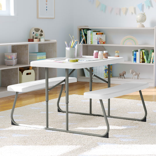 Paige Easy-Fold White Folding Plastic Kids Outdoor Picnic Table and Benches - Commercial Grade - Seating for 4 Kids White