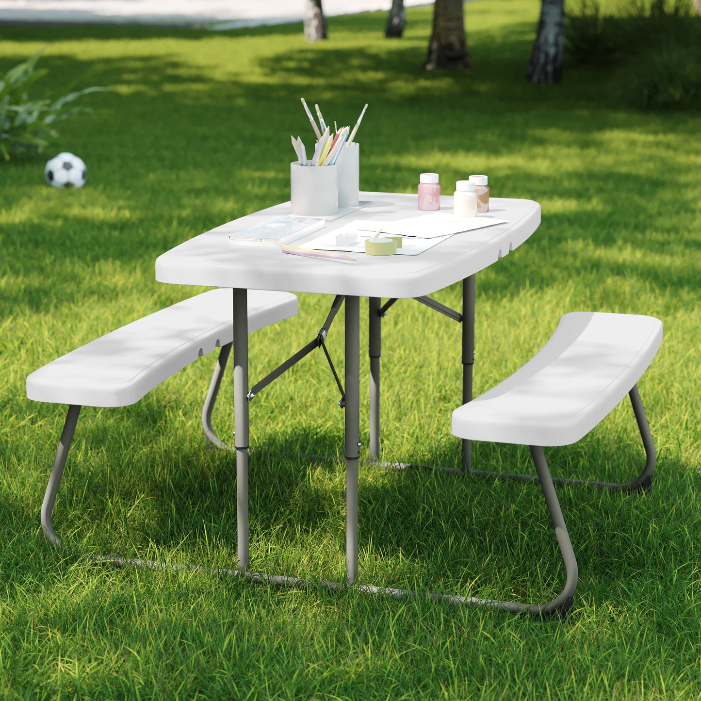 Paige Easy-Fold White Folding Plastic Kids Outdoor Picnic Table and Benches - Commercial Grade - Seating for 4 Kids White