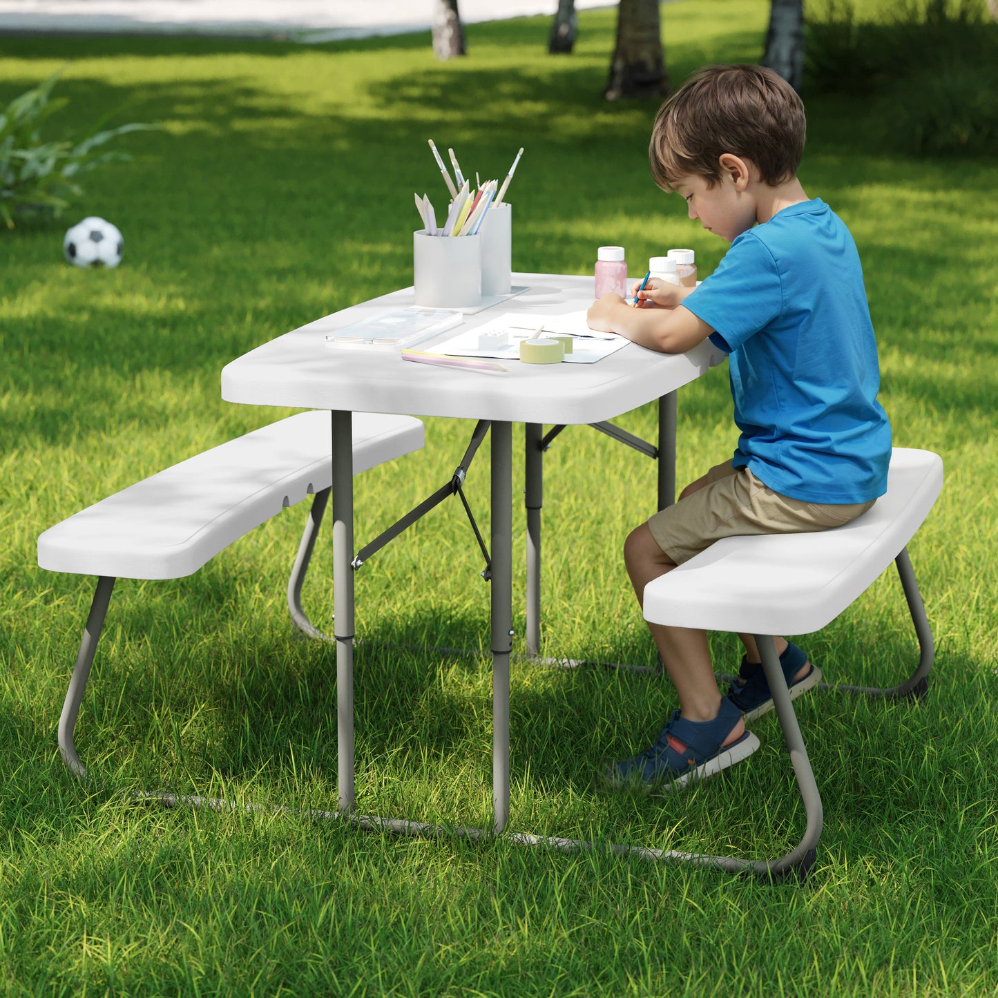 Paige Easy-Fold White Folding Plastic Kids Outdoor Picnic Table and Benches - Commercial Grade - Seating for 4 Kids White
