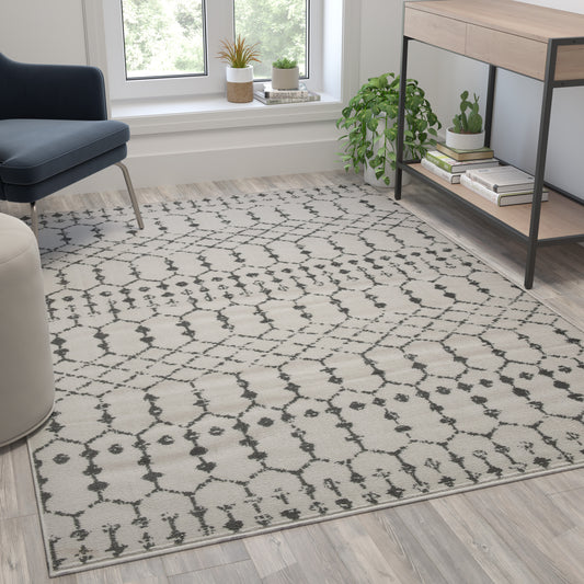 Beth Geometric Bohemian Low Pile Rug - 5' x 7' -Ivory/Gray Polyester Ivory/Gray