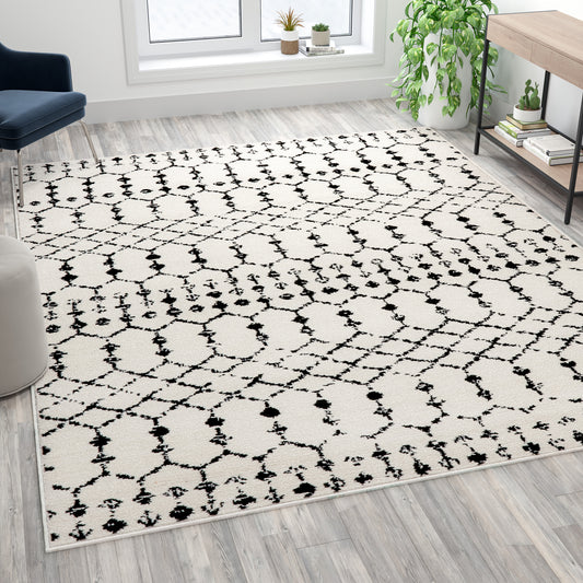 Beth Geometric Bohemian Low Pile Rug - 8' x 10' - Ivory/Black Ivory/Black
