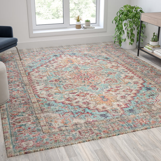 Katherine Distressed Vintage Medallion Area Rug - 8' x 10' - Blue Multi Polyester Blue Multi