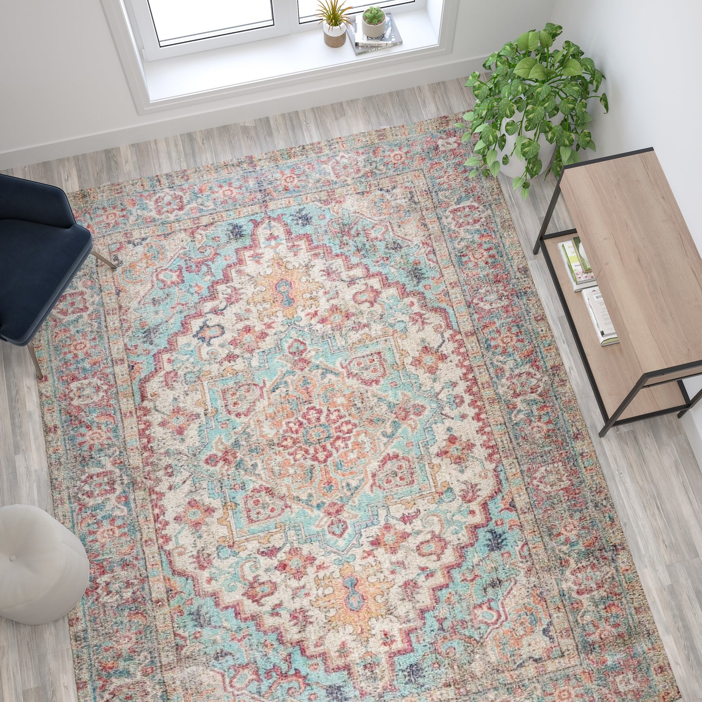 Katherine Distressed Vintage Medallion Area Rug - 8' x 10' - Blue Multi Polyester Blue Multi RC-EG-202101-01-810-BL-GG