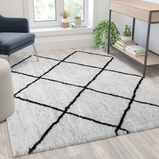 Roxy Shag Style Diamond Trellis Area Rug - 5' x 7' - Ivory Ivory/Black