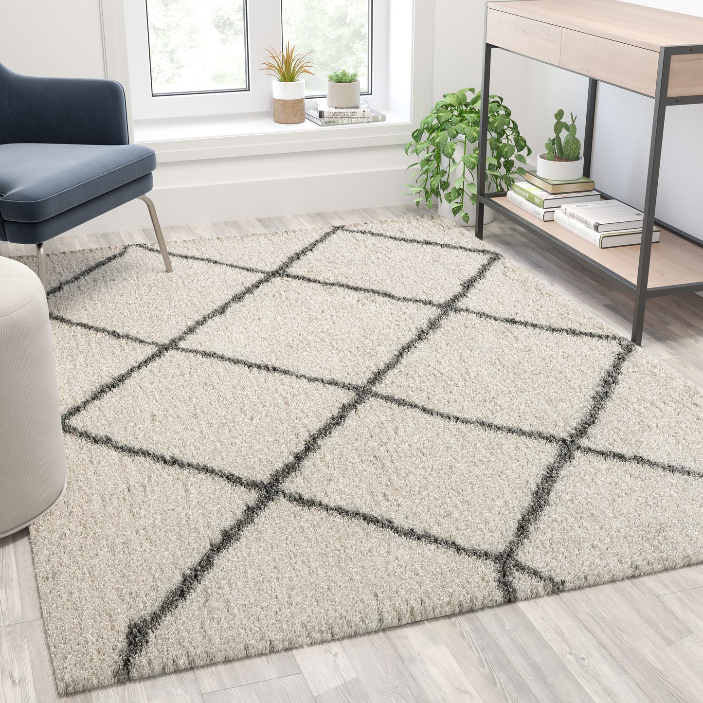 Roxy Shag Style Diamond Trellis Area Rug - 5' x 7' - Ivory/Gray Polyester (PET) Ivory/Gray