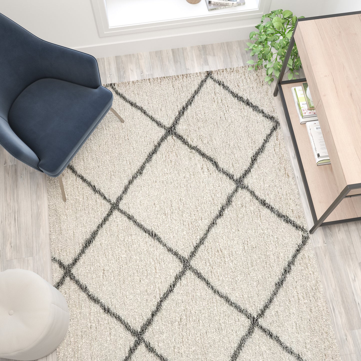 Roxy Shag Style Diamond Trellis Area Rug - 5' x 7' - Ivory/Gray Polyester (PET) Ivory/Gray