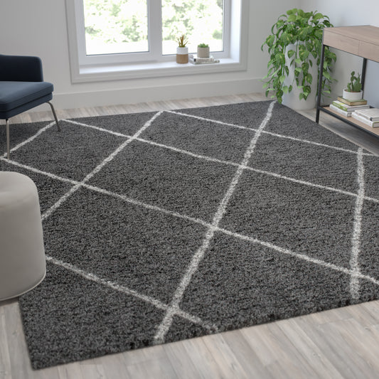 Roxy Shag Style Diamond Trellis Area Rug - 8' x 10' - Charcoal/Ivory Polyester (PET) Charcoal/Ivory