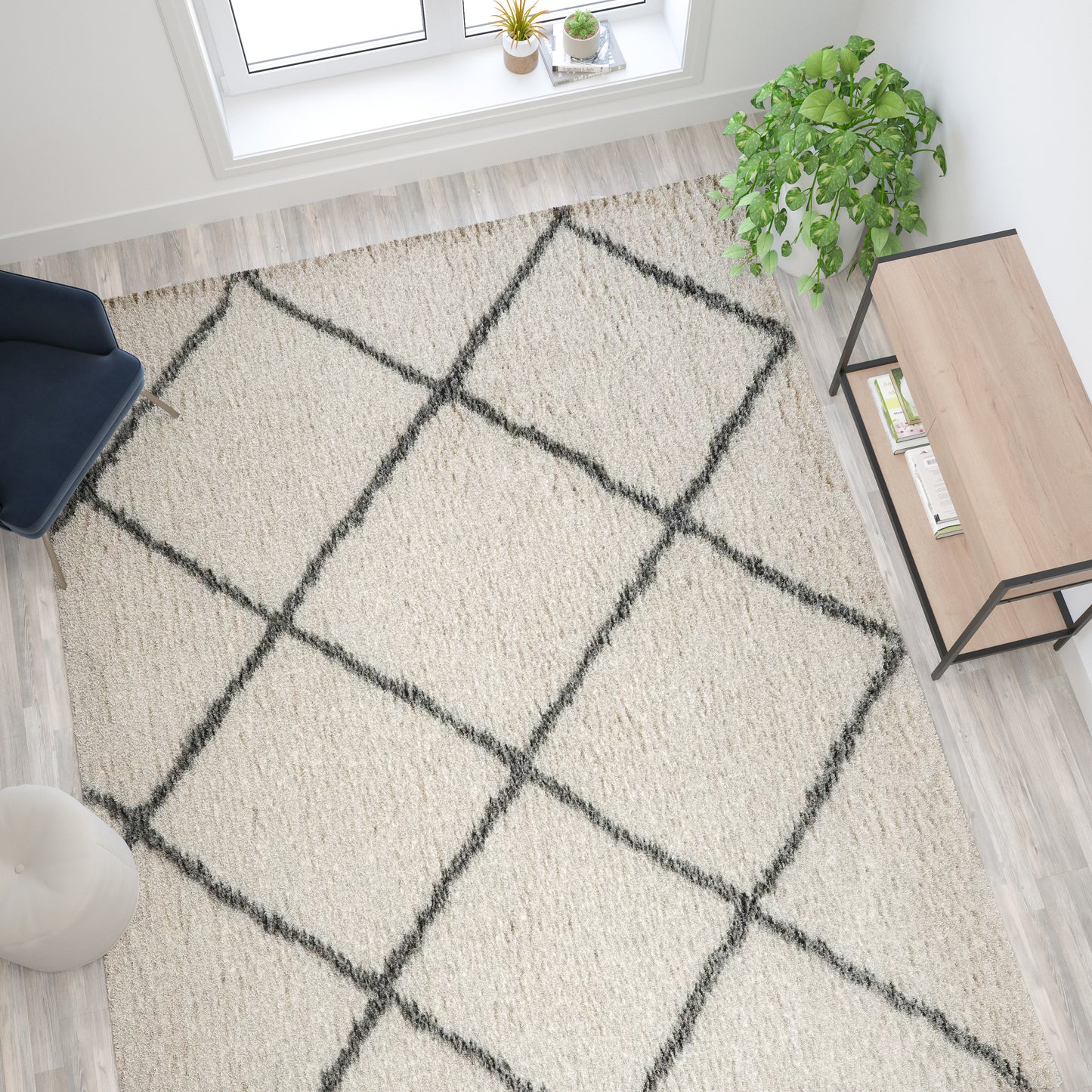 Roxy Shag Style Diamond Trellis Area Rug - 8' x 10' - Ivory/Gray Polyester (PET) Ivory/Gray