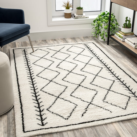 Roxy Geometric Style Bohemian Shag Area Rug - 5' x 7' - Ivory Ivory/Black