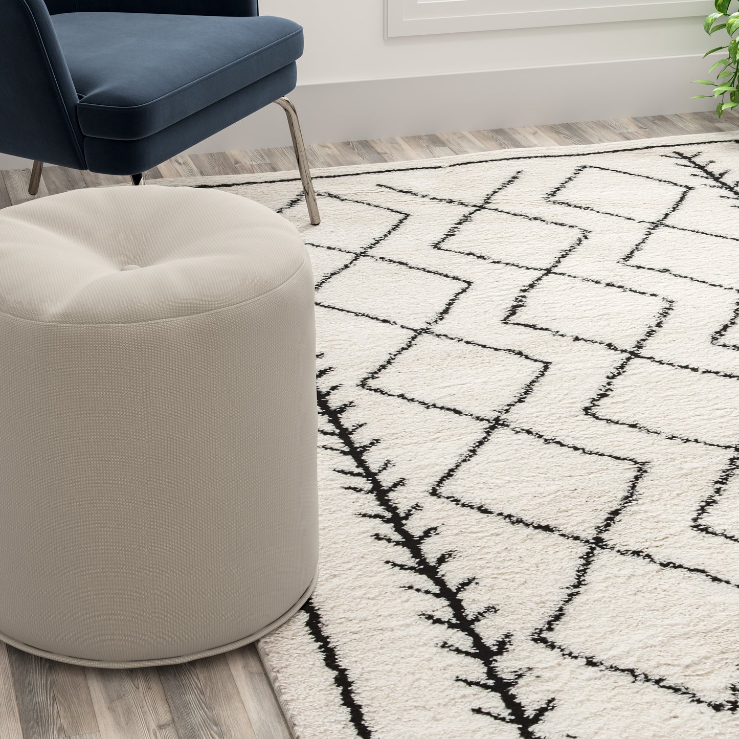 Roxy Geometric Style Bohemian Shag Area Rug - 5' x 7' - Ivory Ivory/Black