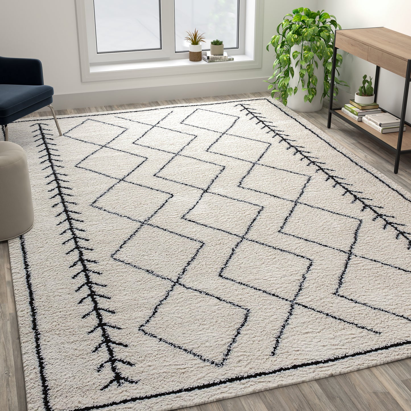 Roxy Geometric Style Bohemian Shag Area Rug - 8' x 10' - Ivory Ivory/Black
