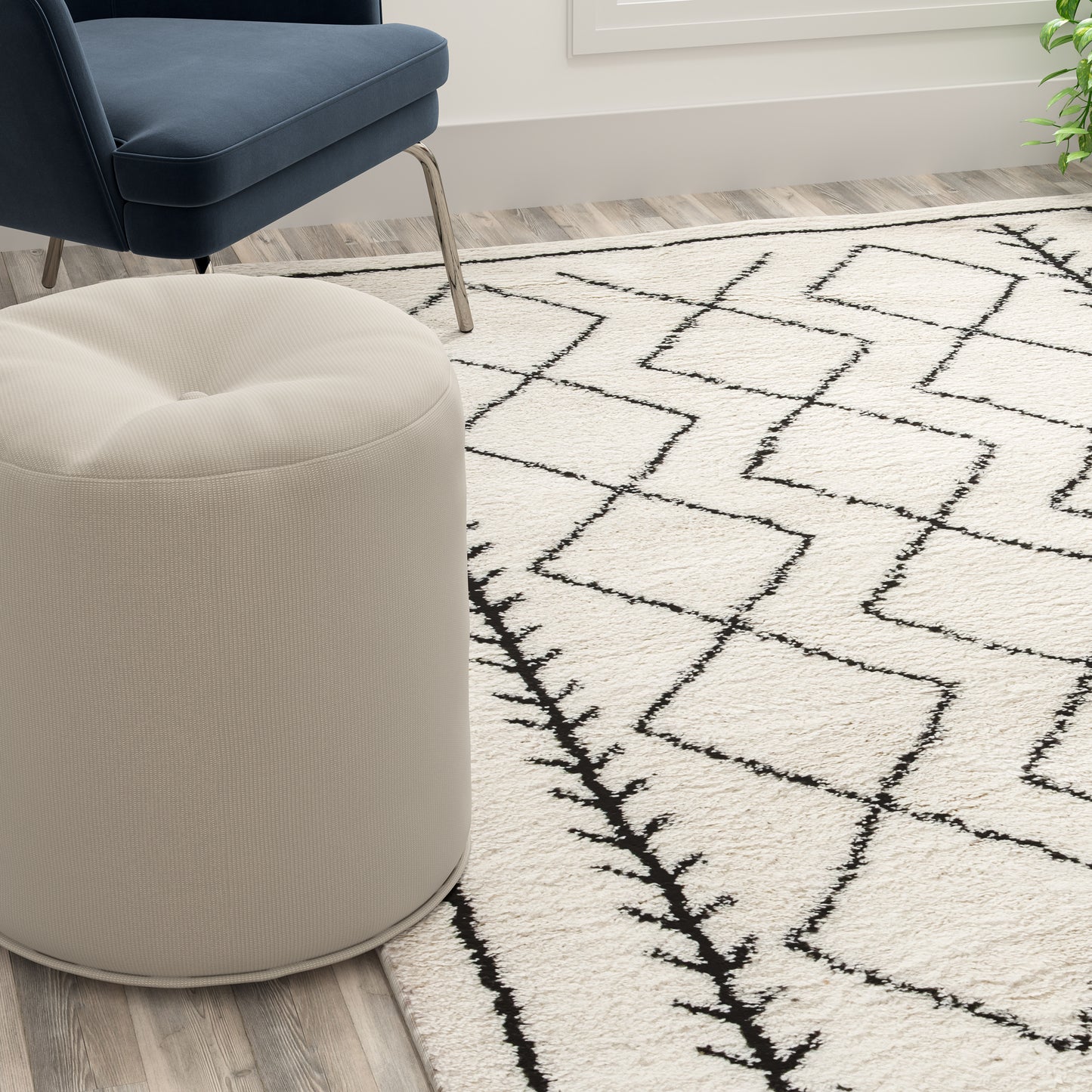 Roxy Geometric Style Bohemian Shag Area Rug - 8' x 10' - Ivory Ivory/Black