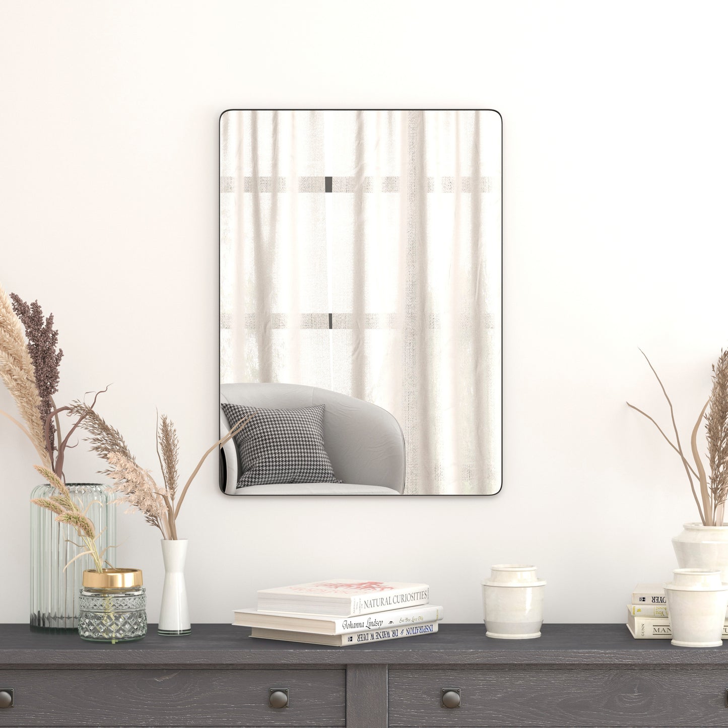 Susan 22" x 30" Decorative Wall Mirror - Rounded Corners, Bathroom & Living Room Glass Mirror Hangs Horizontal Or Vertical, Black Black