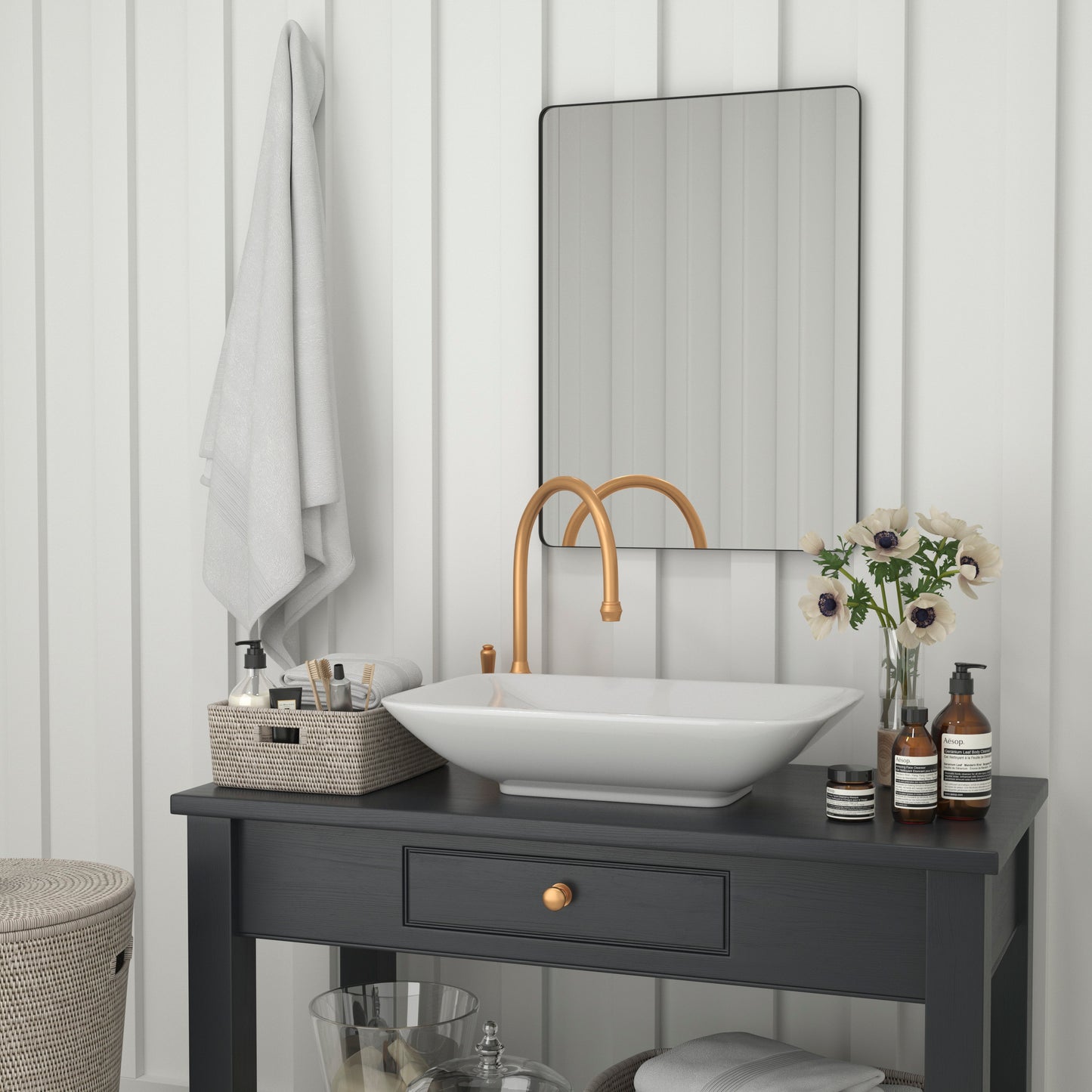 Susan 22" x 30" Decorative Wall Mirror - Rounded Corners, Bathroom & Living Room Glass Mirror Hangs Horizontal Or Vertical, Black Black
