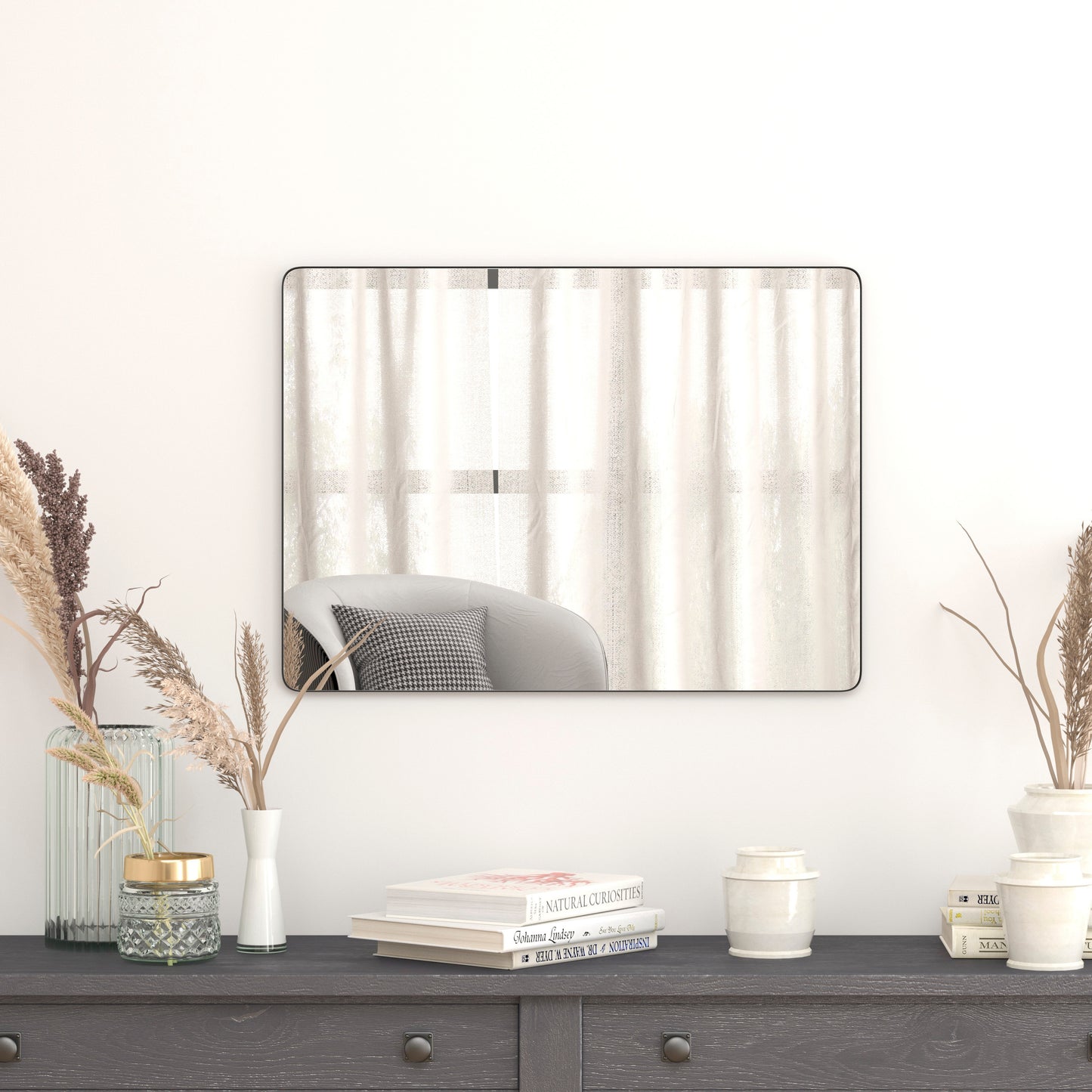 Susan 22" x 30" Decorative Wall Mirror - Rounded Corners, Bathroom & Living Room Glass Mirror Hangs Horizontal Or Vertical, Black Black