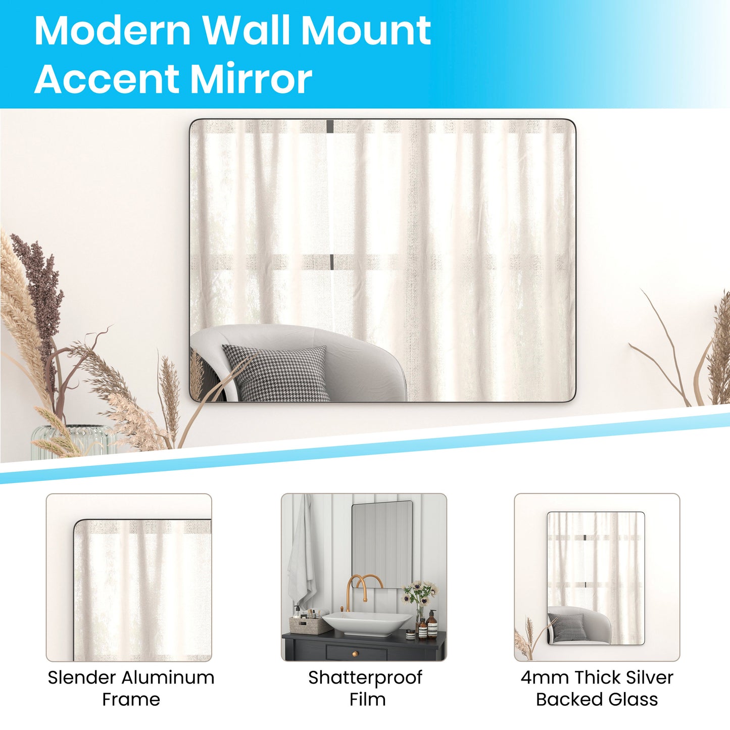 Susan 22" x 30" Decorative Wall Mirror - Rounded Corners, Bathroom & Living Room Glass Mirror Hangs Horizontal Or Vertical, Black Black