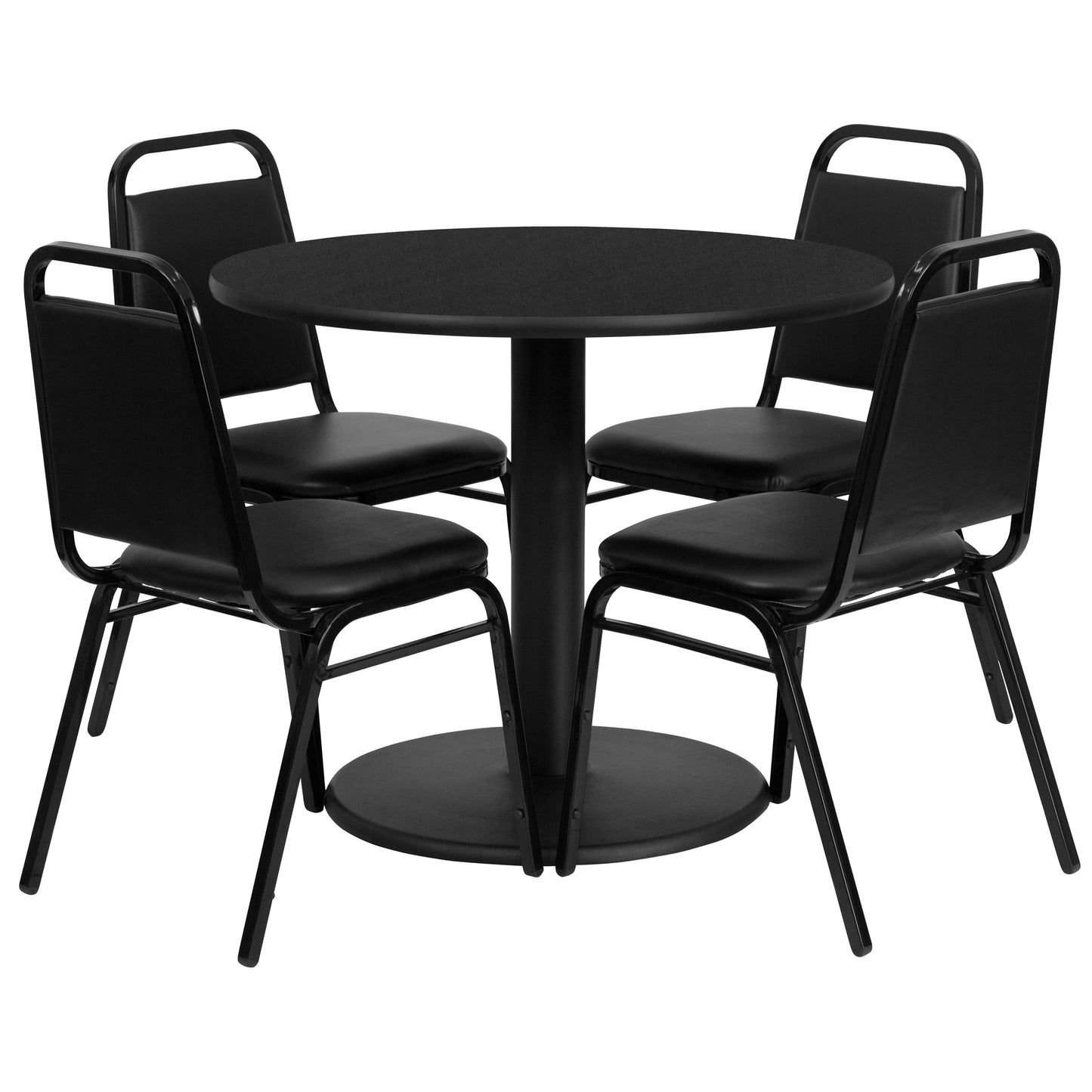 Jamie 36'' Round Black Laminate Table Set with Round Base and 4 Black Trapezoidal Back Banquet Chairs Black Top/Black Vinyl Seat