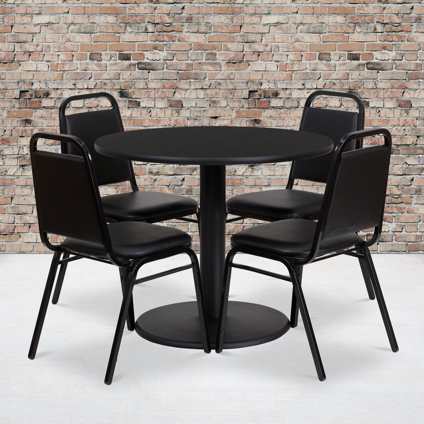 Jamie 36'' Round Black Laminate Table Set with Round Base and 4 Black Trapezoidal Back Banquet Chairs Black Top/Black Vinyl Seat