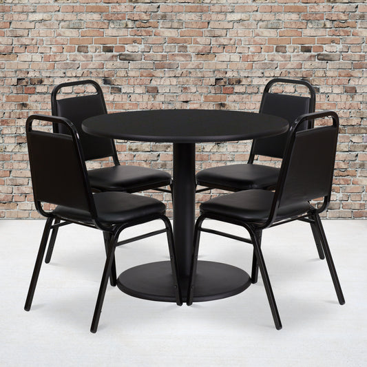 Jamie 36'' Round Black Laminate Table Set with Round Base and 4 Black Trapezoidal Back Banquet Chairs Black Top/Black Vinyl Seat