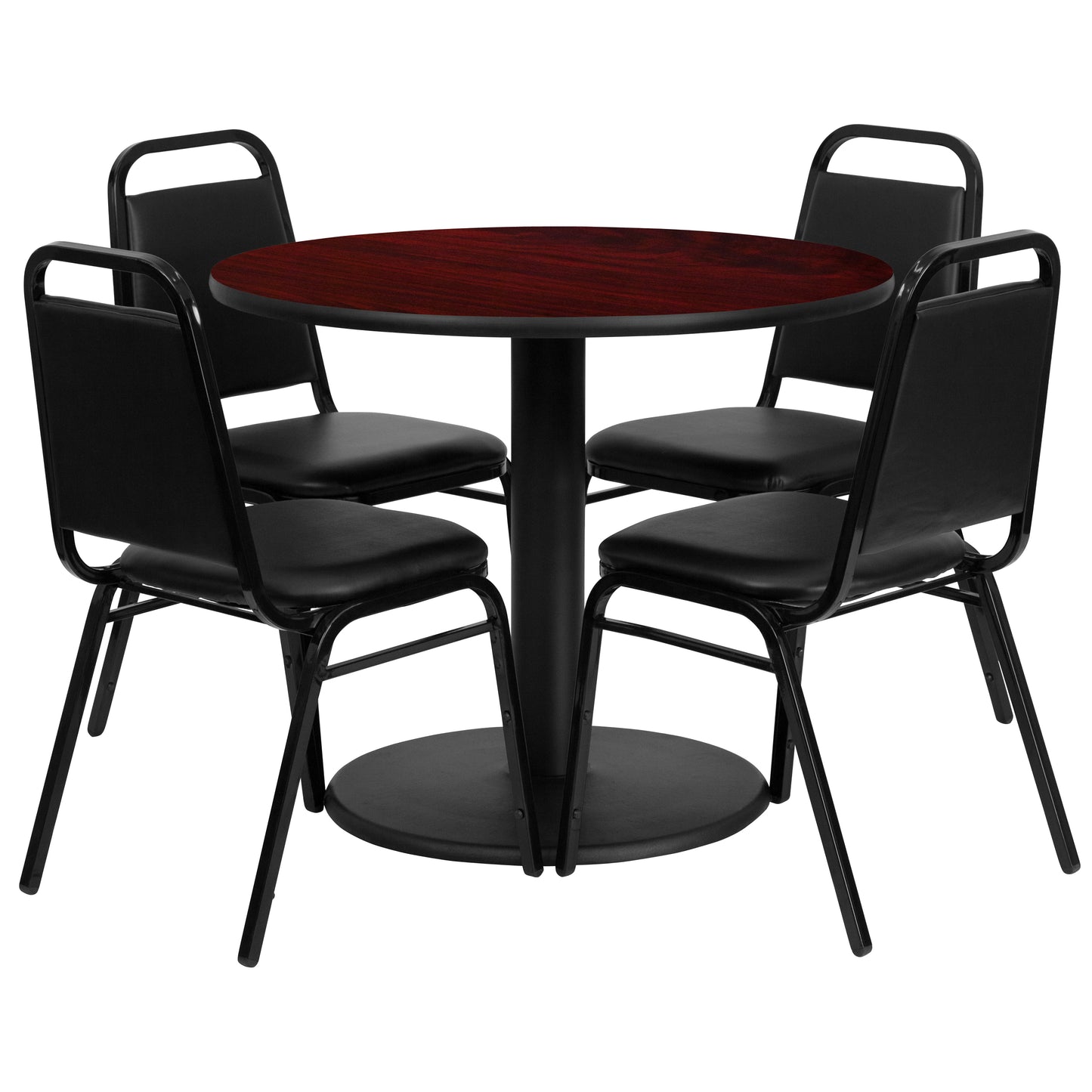 Jamie 36'' Round Mahogany Laminate Table Set with Round Base and 4 Black Trapezoidal Back Banquet Chairs Mahogany Top/Black Vinyl Seat