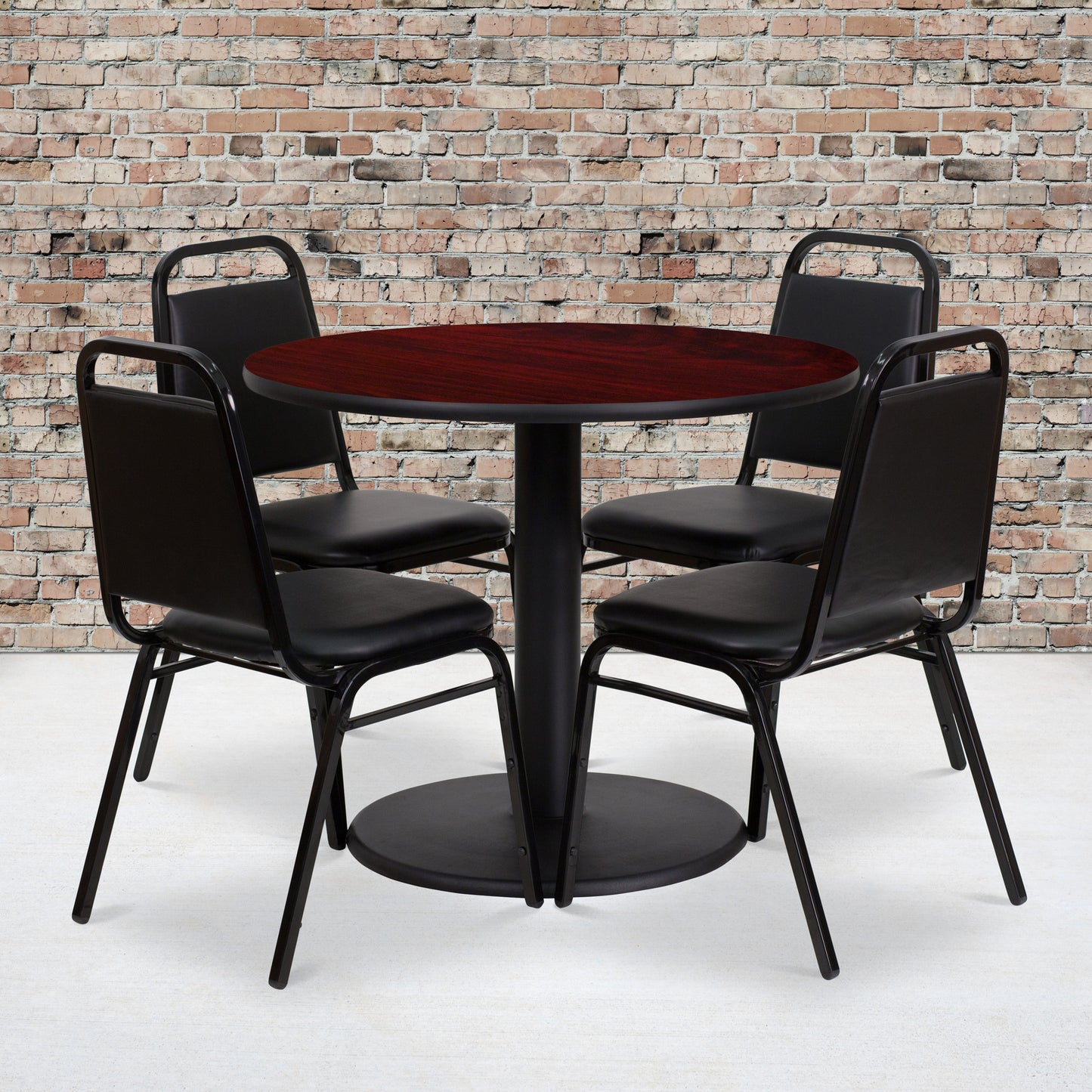 Jamie 36'' Round Mahogany Laminate Table Set with Round Base and 4 Black Trapezoidal Back Banquet Chairs Mahogany Top/Black Vinyl Seat