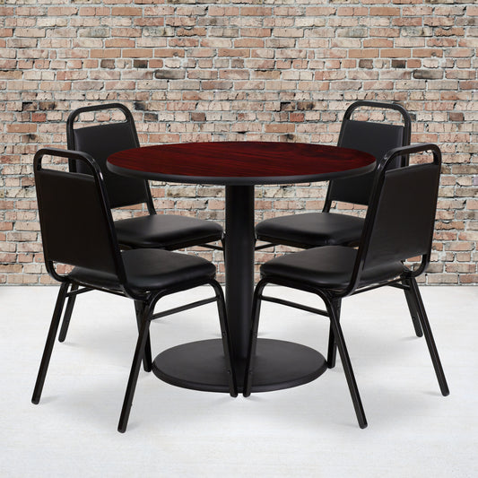 Jamie 36'' Round Mahogany Laminate Table Set with Round Base and 4 Black Trapezoidal Back Banquet Chairs Mahogany Top/Black Vinyl Seat