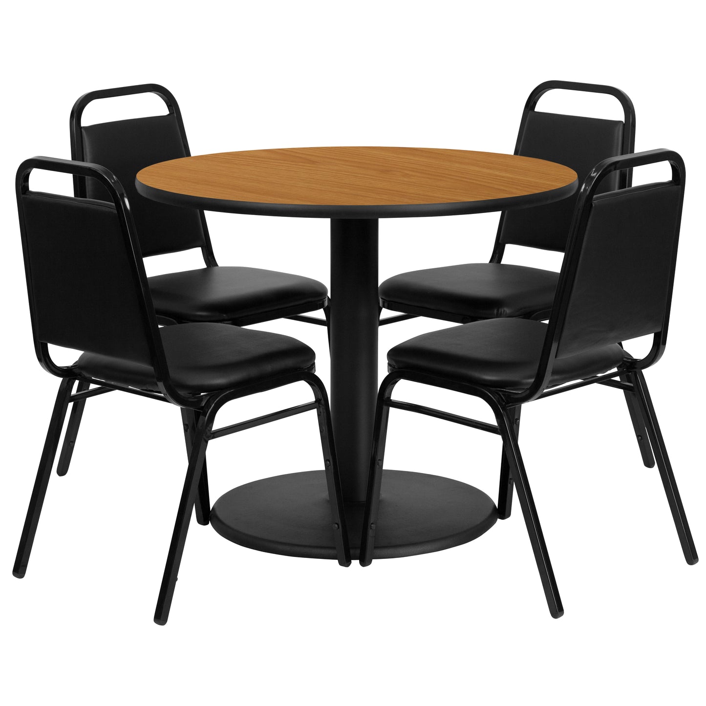 Jamie 36'' Round Natural Laminate Table Set with Round Base and 4 Black Trapezoidal Back Banquet Chairs Natural Top/Black Vinyl Seat