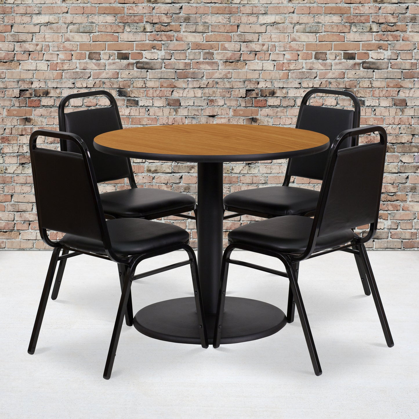 Jamie 36'' Round Natural Laminate Table Set with Round Base and 4 Black Trapezoidal Back Banquet Chairs Natural Top/Black Vinyl Seat