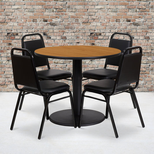 Jamie 36'' Round Natural Laminate Table Set with Round Base and 4 Black Trapezoidal Back Banquet Chairs Natural Top/Black Vinyl Seat